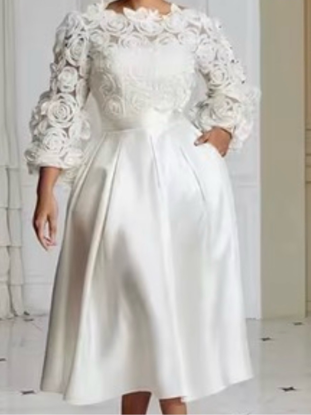 Elegant White Floral Lace Midi Dress